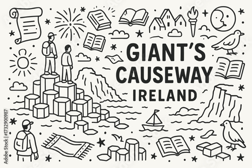 Travel and ireland linear icon set. explore giant's causeway and culture.