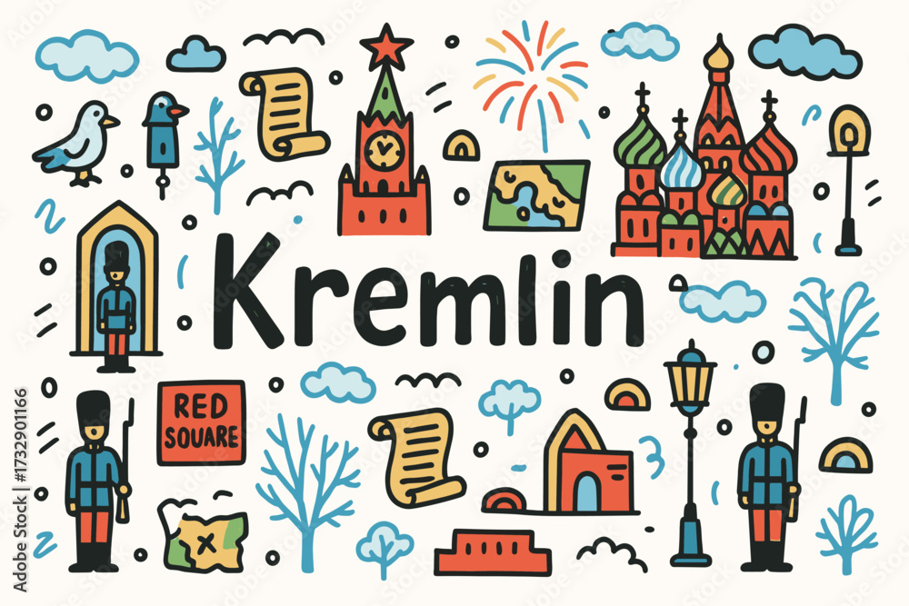 Naklejka premium Russian landmarks flat icon set. moscow, kremlin, red square symbols collection