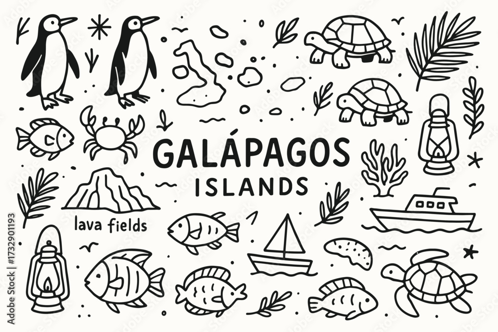 Fototapeta premium Galápagos islands linear icon set. wildlife, nature icons in outline collection.