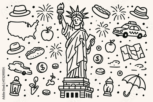 New york city linear icon set: travel, culture, and famous landmarks illustrations