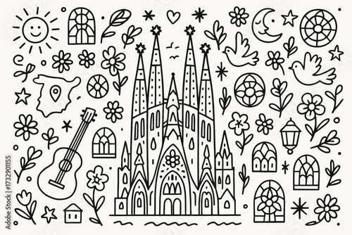 Spain, sagrada familia outline icon set. travel, cultural heritage line icons collection