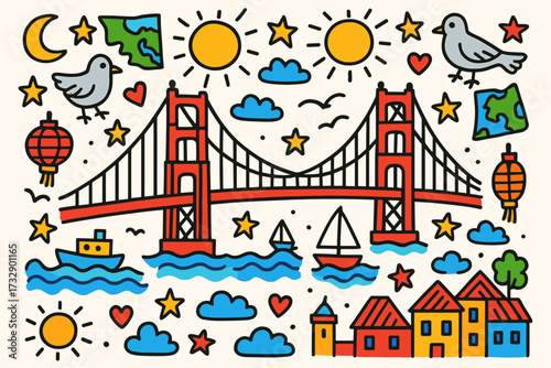 San francisco landmarks flat icon set. city, bridge and skyline flat vector collection