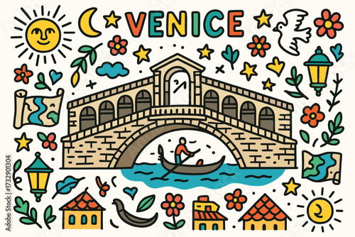 Venice, italy flat icon set. travel, famous landmarks, italian culture flat icons.