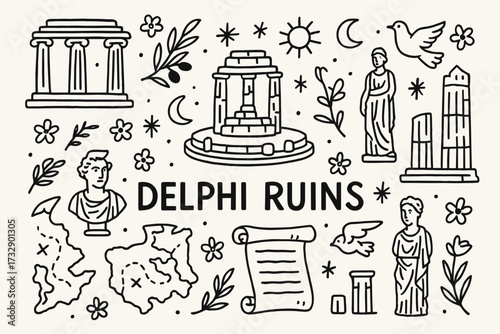 Ancient greece line icon set. historical and mythical illustrations outline collection