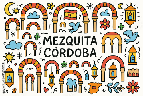 Spain landmarks flat icon set. mezquita córdoba, arches, lanterns, symbols collection