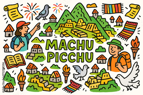 Peru travel icon set. explore machu picchu and adventure tourism in filled icons.