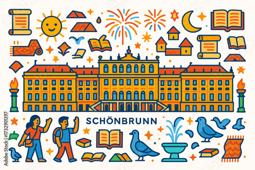 Historic palace line icon set. architecture, vienna, tourism, landmark outline collection