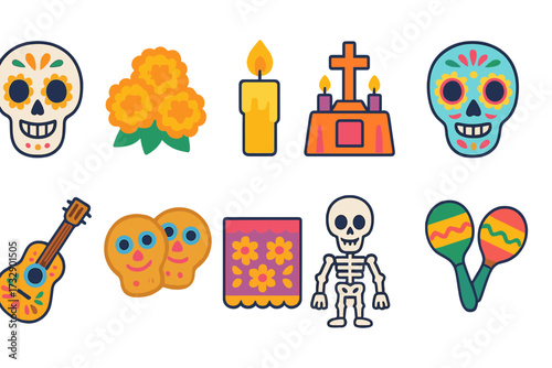 Day of the dead flat icon set featuring skulls, altar, and maracas.