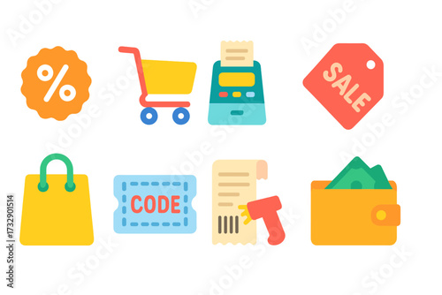 Shopping and e-commerce icon set. neon style icons for online retail and sales