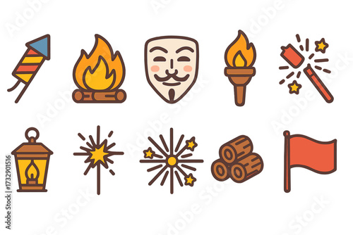 Bonfire, fireworks flat icon set. celebration, festival symbols flat collection