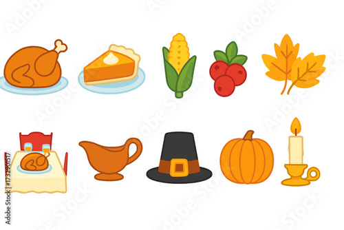 Thanksgiving, autumn flat icon set. seasonal harvest, holiday celebration icons