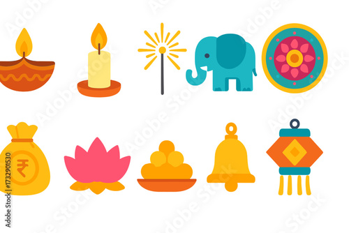 Diwali festival flat icon set. celebration, light, hindu cultural icons flat collection
