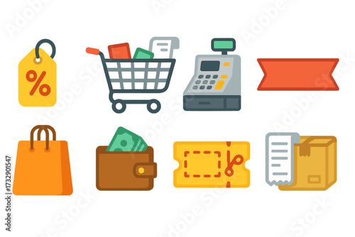 Shopping and retail icon set. colorful outline icons for commerce and business