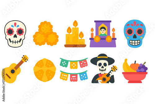 Day of the dead celebration flat icon set. dia de los muertos colorful icon collection.