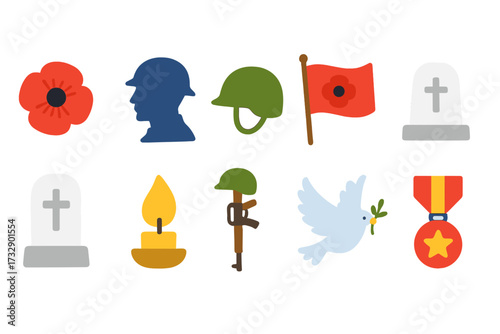 Remembrance day solid icon set: poppy, soldier, dove, candle, medal, gravestone
