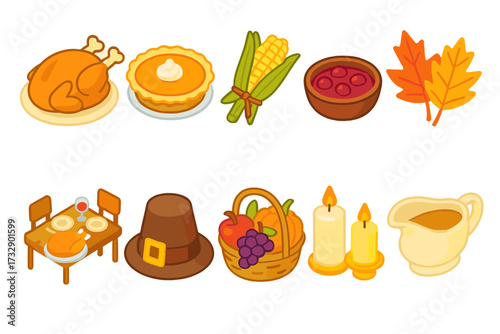 Thanksgiving, harvest flat icon set. festive meal and fall icons flat collection