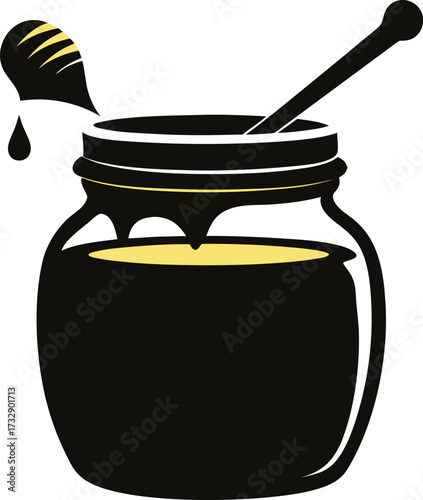 Dark jar of honey with a dipper and dripping honey isolated on white
