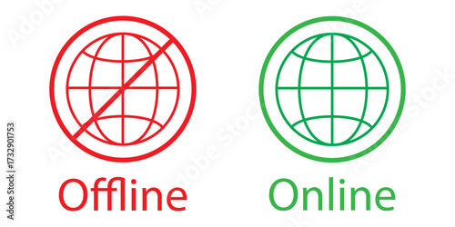Set of online and offline internet icon red and green color. Globe icon with no signal and good signal sign symbol. Internet connection. Flat design. Vector illustration.