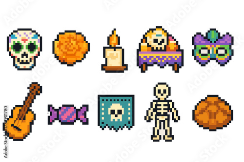 Day of the dead, celebration pixel art icon set. festive, cultural icons in pixel style