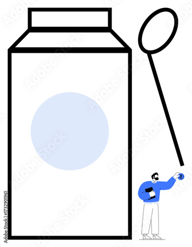 Giant milk carton and oversized spoon with a small figure holding a bowl. Ideal for food, cooking, tiny vs giant concept, scale contrast, creativity, minimalism, playful ideas, simple flat metaphor