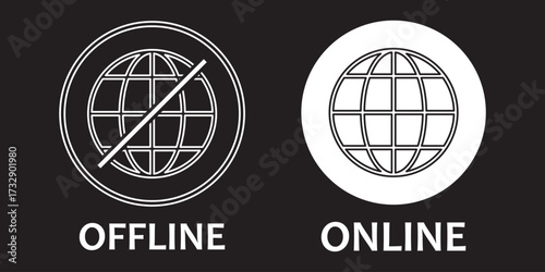 Set of online and offline internet connection icons black color. Globe icon with no signal and good signal sign symbol. Internet connection online and offline sign. Vector illustration.