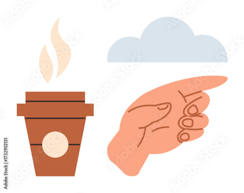 Hand pointing, steaming coffee cup, and cloud illustrating decision-making, focus, daily routine, guidance, creativity, mindfulness and simplicity. Ideal for concepts thumbs up choices direction