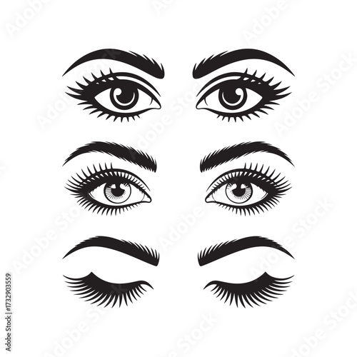 Collection of woman s eyes and eyebrows silhouette vector isolated on white background