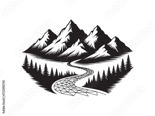 Mountain range with winding river and forest silhouette vector isolated on white background