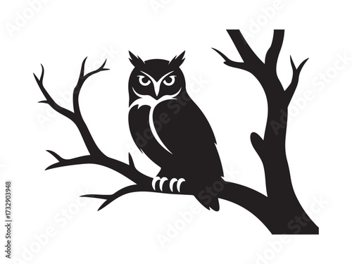 Silhouette of an owl perched on a tree branch vector isolated on white background.