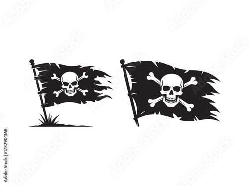 Two pirate flags with skull and crossbones silhouette vector isolated on white background