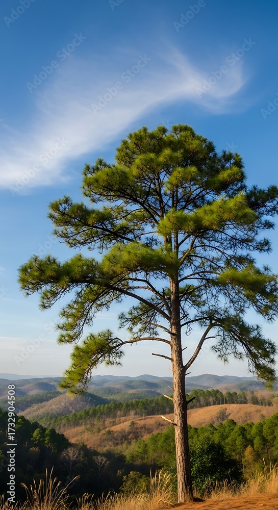 Obraz premium Scenic Pine Tree Overlooking Hills.