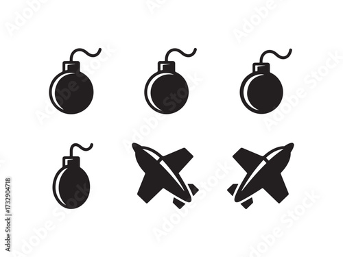 Collection of explosive bomb and plane icons vector representing danger and warfare isolated on white background