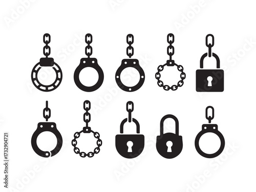 Collection of handcuffs and locks silhouette vector isolated on white background.