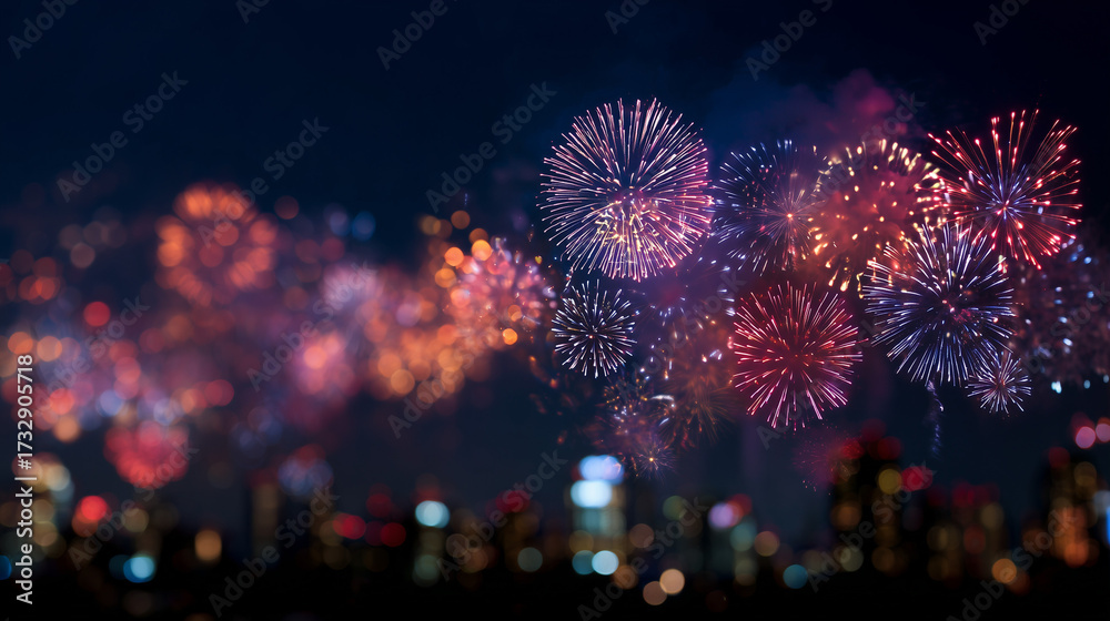 Fototapeta premium Dazzling fireworks illuminate night city skyline; vibrant explosions