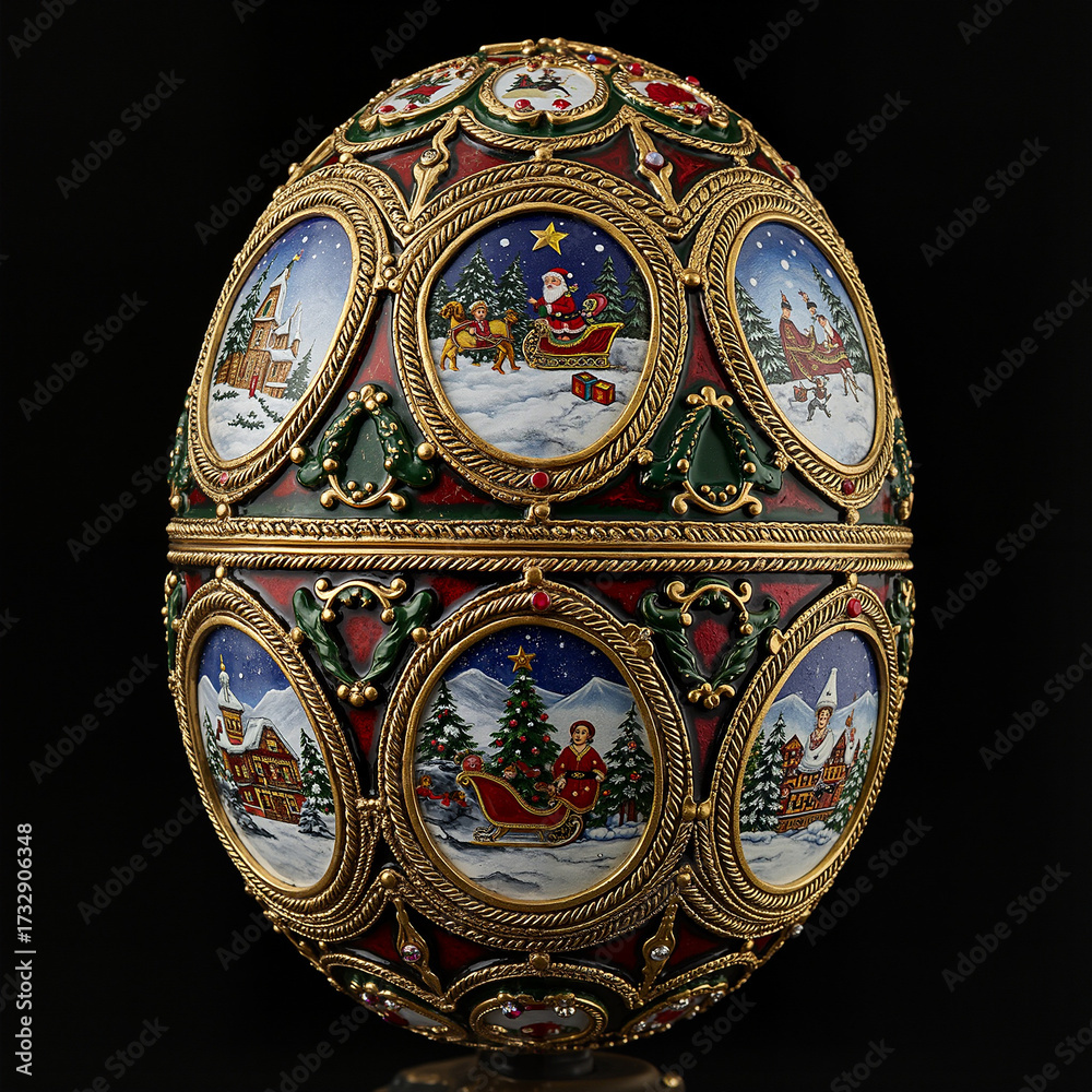 Fototapeta premium Ornate decorative Christmas egg with scenes and gold accents