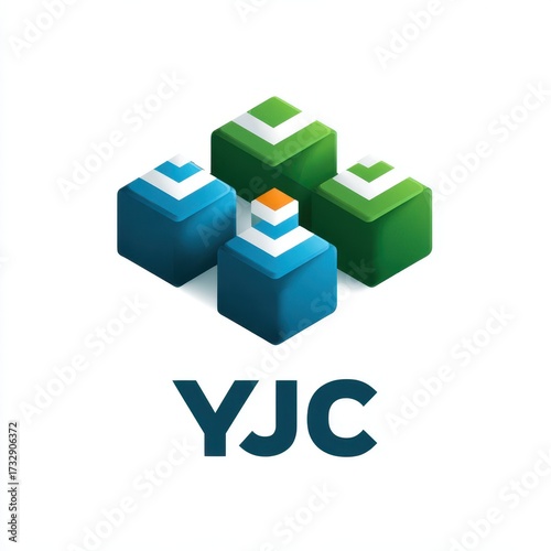 Creative geometric shapes arranged in a modern design featuring green and blue colors and an orange accent