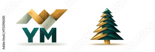 Creative geometric design featuring a stylized tree and abstract logo in green and gold colors