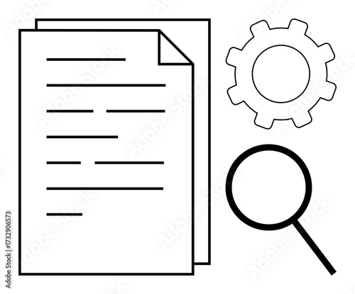 Magnifying glass, document, and gear highlight analysis, research, optimization, monitoring. Ideal for workflow, data study, management problem-solving system upgrade and process improvement
