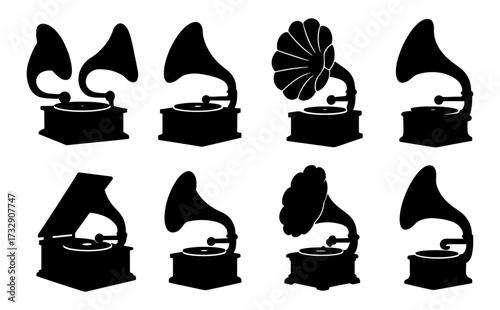 Collection of vintage gramophone silhouettes in classic retro style for artistic design