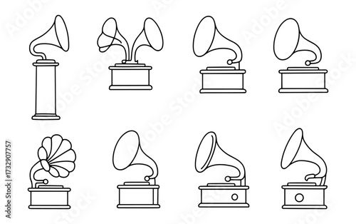 Linear gramophone icons set featuring vintage record players