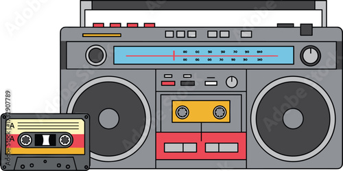 Retro boombox with cassette tape, vintage audio equipment, dual speakers, radio tuner, nostalgic music device vector illustration for entertainment design