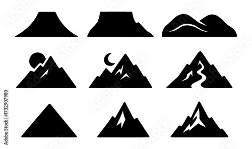Set of nine mountain silhouettes with diverse peaks and natural elements