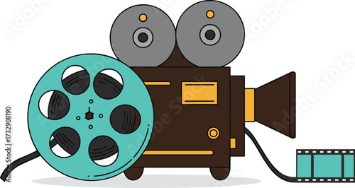 Vintage Film Projector Vector Illustration with Teal Reel, Brown Body, and Retro Design for Classic Cinema, Entertainment, and Movie History Themes