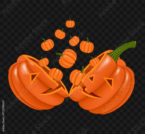 Halloween pumpkin split in half with pumpkins flying out on a transparent background. Vector illustration.