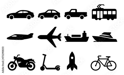 Silhouette icons of various transport modes in a minimalist style