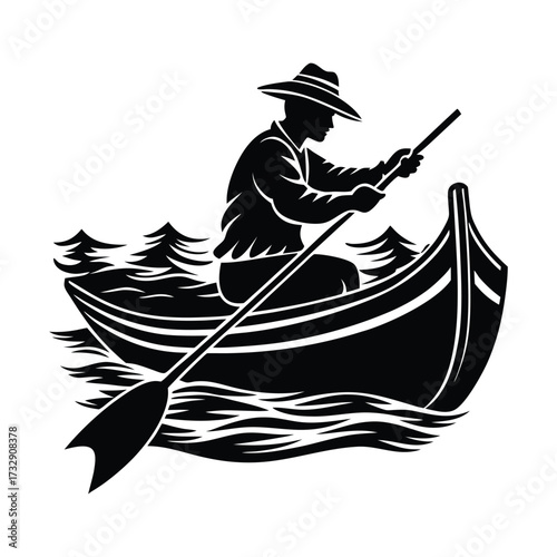 Silhouette man rowing canoe water trees boat