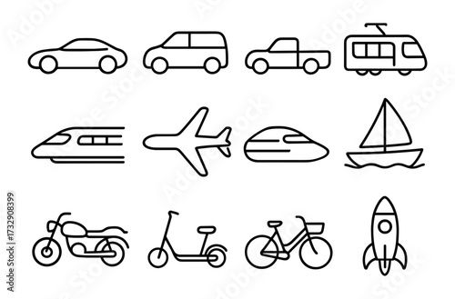 Simple linear icons of various transportation modes including cars, trains, and boats