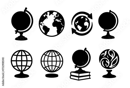 Black globe icons set: silhouette earth and globe variations for education and design