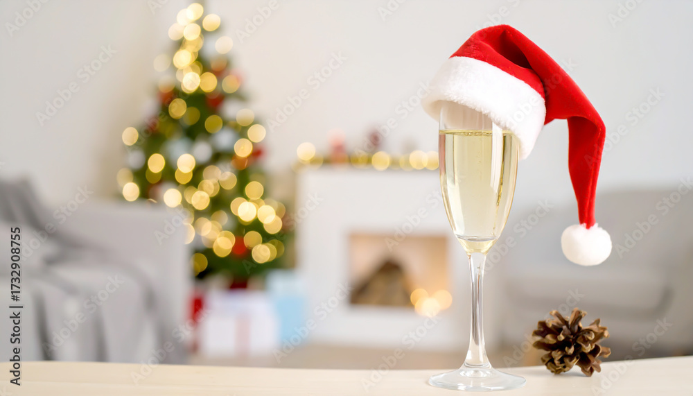 Fototapeta premium Sektglas mit Nikolausmütze im weihnachtlichen Wohnzimmer 
