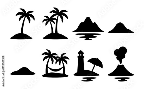 Silhouette island icons with palm trees, mountains, and lighthouse